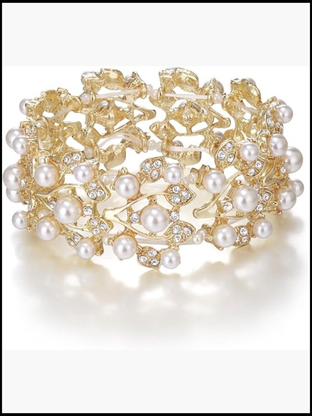 Stretch Crystal Pearl Bracelet Vintage Leaf Design Prom Party